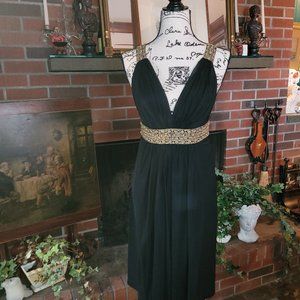 Marchesa Notte black cocktail dress with gold embroidered details, size 2